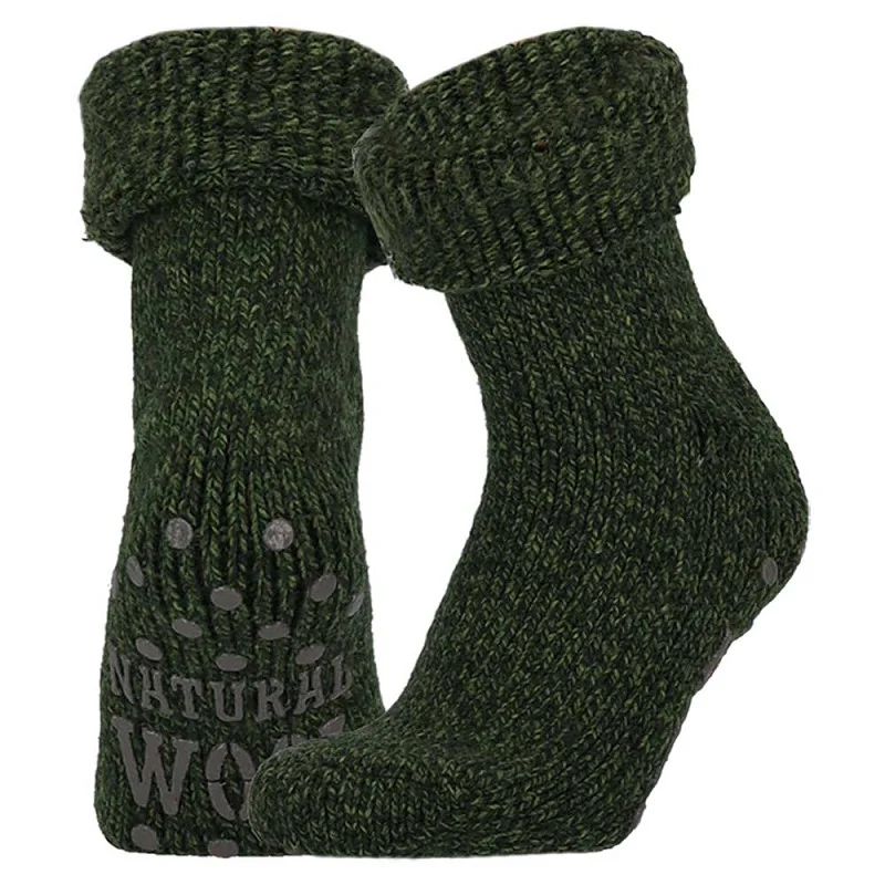 Huissokken heren - Wol - Anti slip - Army Groen