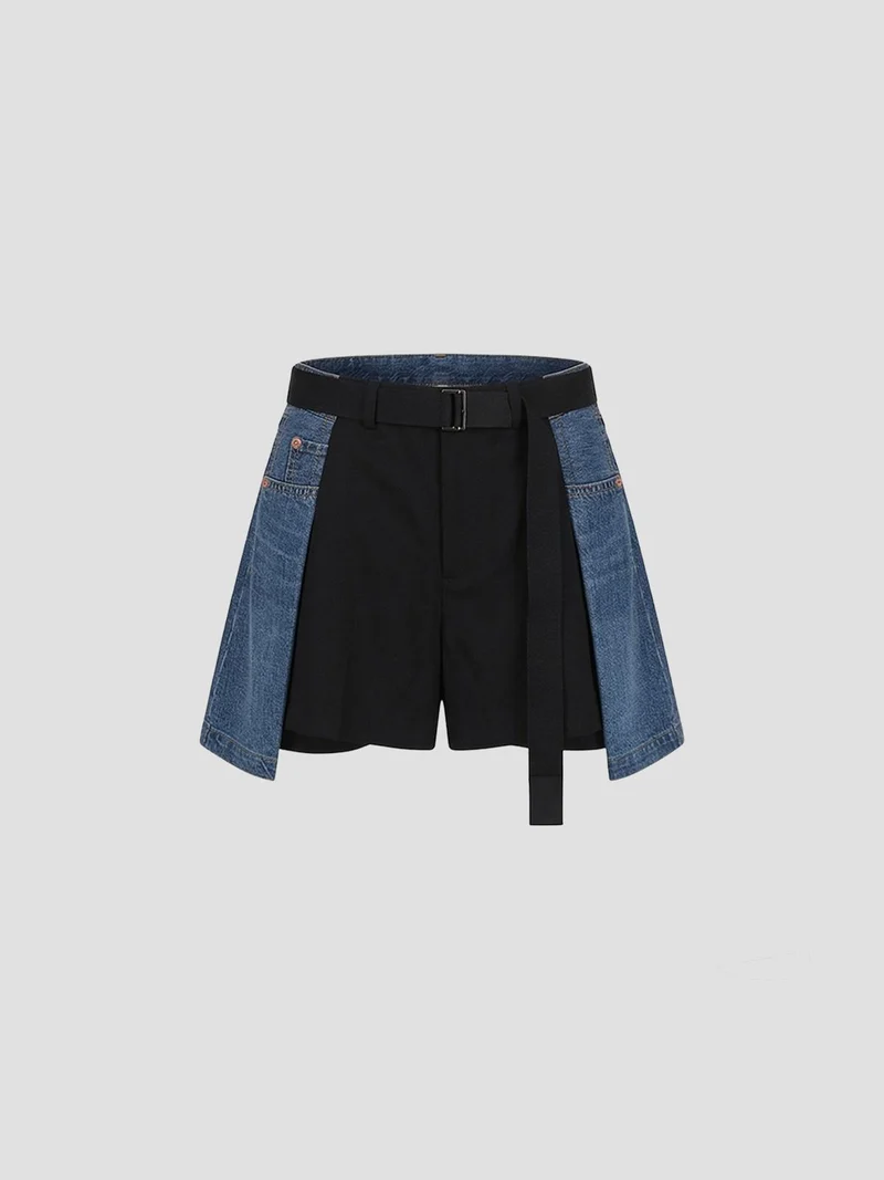 Wool suiting x denim shorts