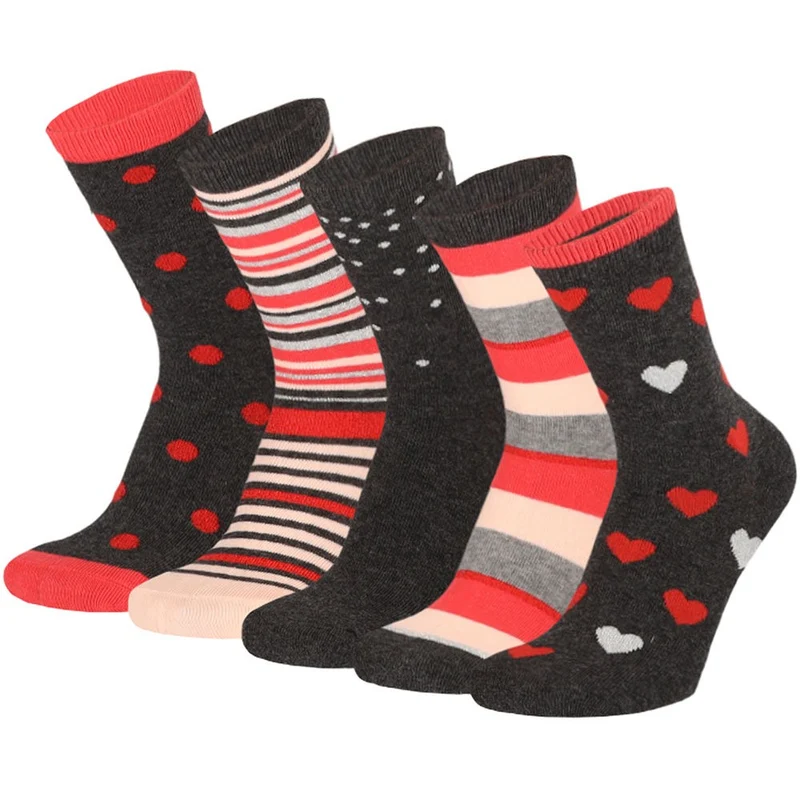Kindersokken meisjes casual print Zwart/Rood 5-Pak