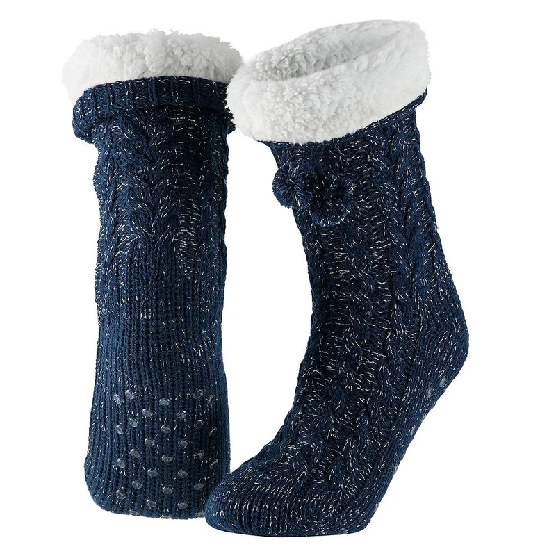 Dames huissok - Glitter - Fake bontkraag - Blauw